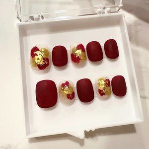 Hand-made red/gold leaf Press on Nails|with glue